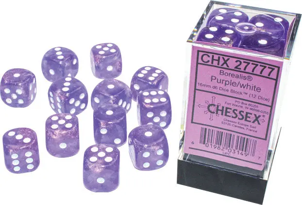 Chessex: Borealis - Luminary - 16Mm D6 12Pc Dice Block (Purple & White) 1