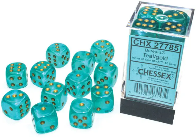 Chessex: Borealis - Luminary - 16Mm D6 36Pc Dice Block (Teal & Gold) 1