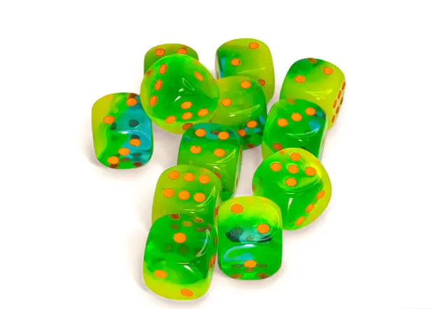 Chessex: Gemini - Luminary - 16Mm D6 36Pc Dice Block (Plasma Green-Teal & Orange) 1