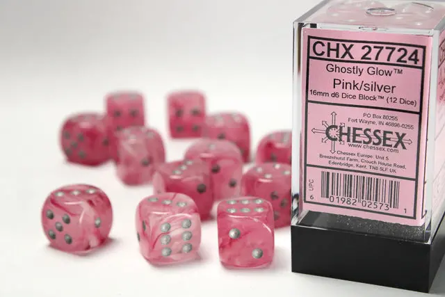 Chessex: Ghostly Glow - 16Mm D6 36Pc Dice Block (Pink & Silver) 1