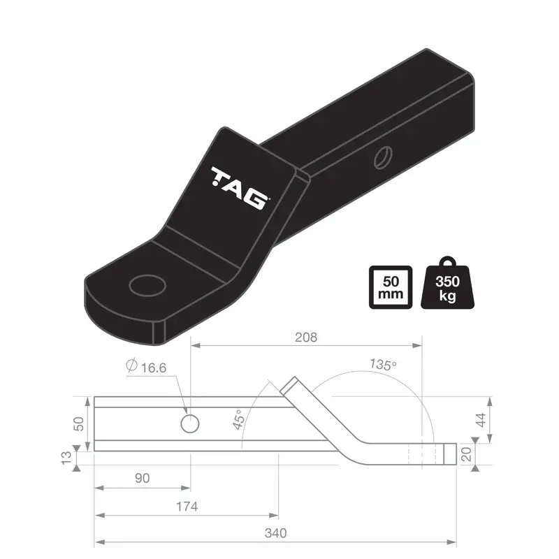 Tag Tow Ball Mount - 208Mm Long, 135° Face, 50Mm Square Hitch 2