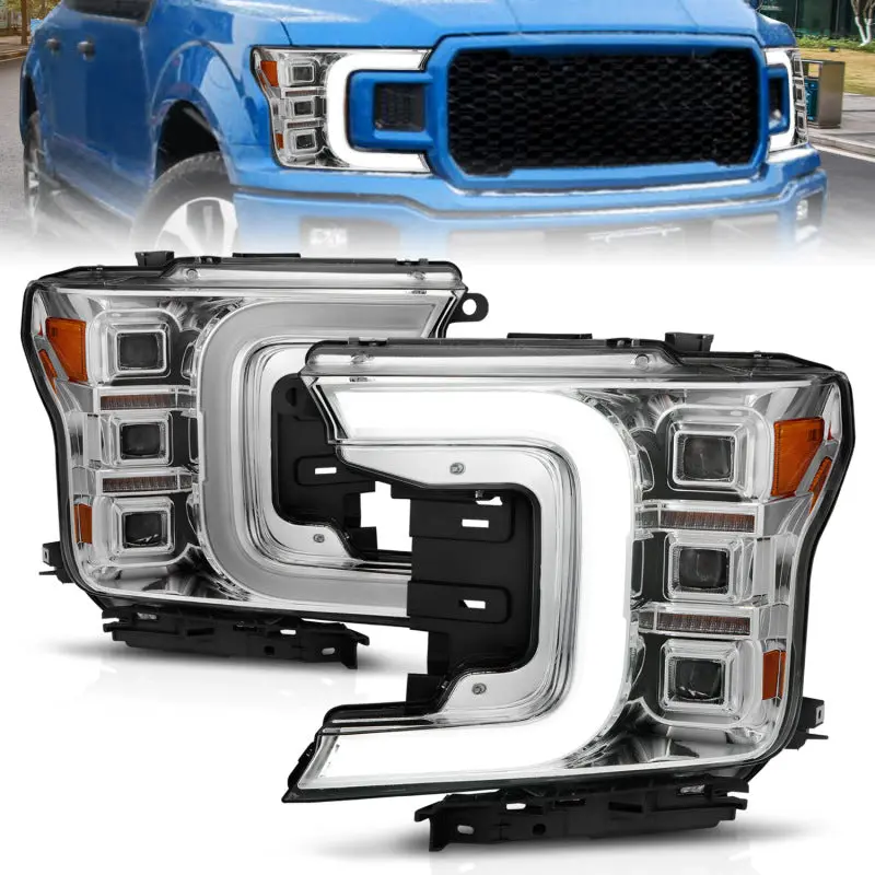 Anzo 18-20 Ford F-150 Full Led Projector Light Bar Style Headlights - Chrome Amber 1