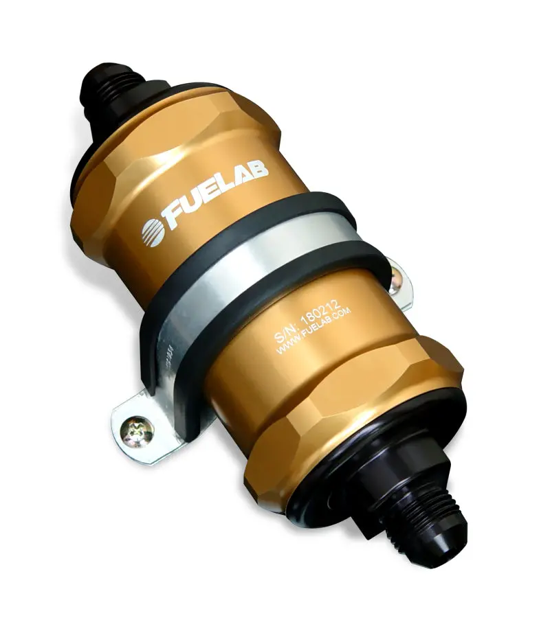 Fuelab 818 Inline Fuel Filter – -8 An Fittings, 100-Micron Stainless Steel Element, Gold Finish 1