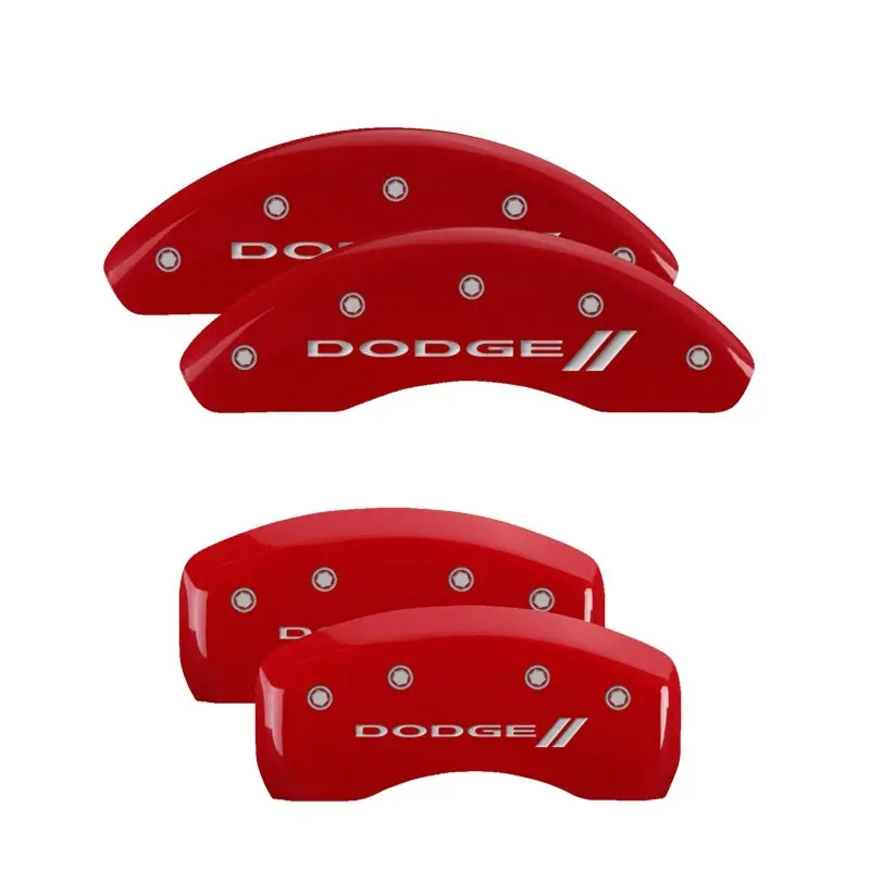 Mgp Engraved 4-Piston Caliper Covers – Front & Rear, Dodge Red Stripe Design With Silver Chrome Finish 1