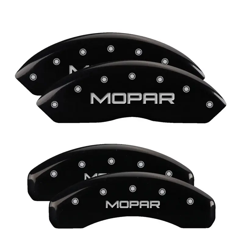 Mgp Engraved 4-Piston Caliper Covers – Front & Rear, Mopar-Specific, Black With Silver Accent 1